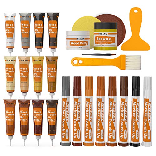 Wood Furniture Repair Kit- Set of 28 - Touch Up Markers, Fillers with Wood Putty - Repair Scratch, Cracks, Hole, Discoloration for Wooden Door, Floor, Table, Cabinet
