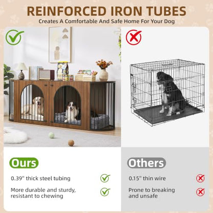 86.6'' Double Dog Crate Furniture, Oval Dog Kennel Furniture with Divider, view 7