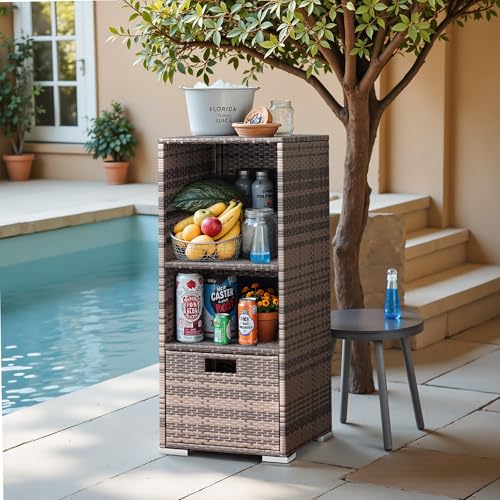 Outdoor Pool Towel Rack Patio Waterproof Rattan Wicker Storage Cabinet Shed with Shelves & Drawer (Brown)