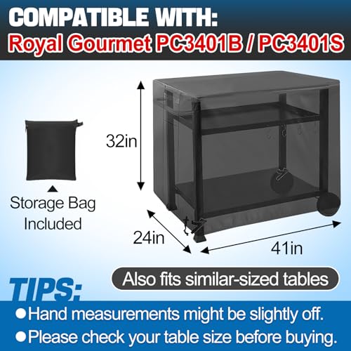 Outdoor Dining Grill Cart Cover - 41"L*24"W*32"H, Compatible with Royal Gourmet Worktable PC3401B PC3401S Food Prep Table, Heavy Duty Waterproof BBQ Serving Worktable Metal Movable Station