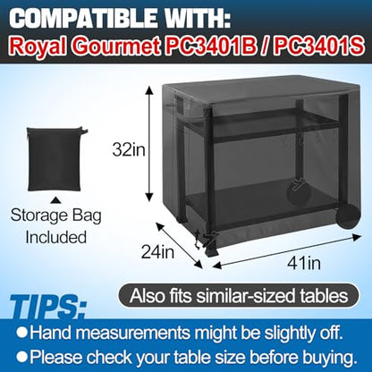 Outdoor Dining Grill Cart Cover - 41"L*24"W*32"H, Compatible with Royal Gourmet Worktable PC3401B PC3401S Food Prep Table, Heavy Duty Waterproof BBQ Serving Worktable Metal Movable Station