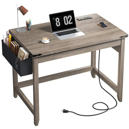 32"Farmhouse Writing Desk with Power Outlet,Storage Bag for Bedroom