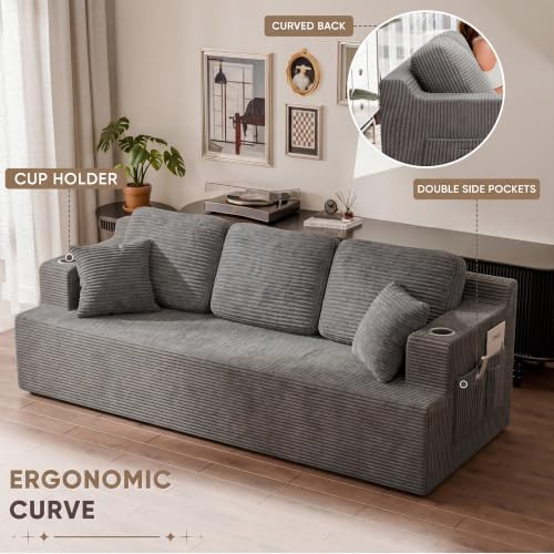 87” Boneless Sofa Couch with 2 Pillows Extra Deep Seats, Corduroy Fabric 3 Seater Sofa for Living Room with Cup Holder & Storage Pocket Upholstered Floor Sofa Easy Installation (Grey, 3 Seater)