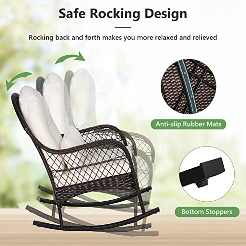 Outdoor Wicker Rocking Chair, Patio Rattan Rocker w/Lumbar Pillow, Padded Seat & Back Cushions, Metal Frame, Mix Brown Wicker Furniture for Balcony, Porch, Deck, Backyard (Off White)