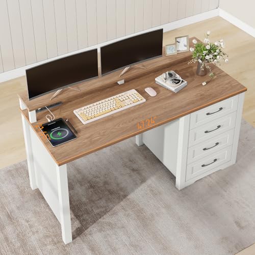 47" Farmhouse Executive Desk with Monitor Stand and LED Lights,4 Drawers Computer Desk with Power Outlets,Large Workspace for Work Study Writing.Unique White