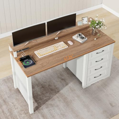 47" Farmhouse Executive Desk with Monitor Stand and LED Lights,4 Drawers Computer Desk with Power Outlets,Large Workspace for Work Study Writing.Unique White