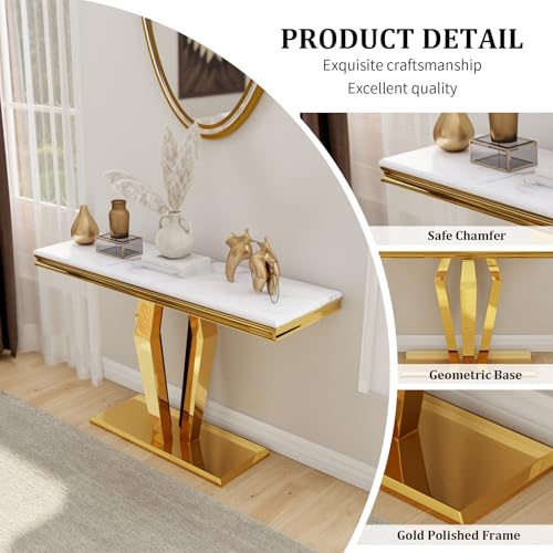 Gold Console Table, Luxury White and Gold Sofa Table, 50 inch Rectangle Entryway Table with Polished Geometric Base for Living Room, Hallway