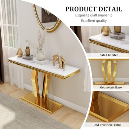 Gold Console Table, Luxury White and Gold Sofa Table, 50 inch Rectangle Entryway Table with Polished Geometric Base for Living Room, Hallway