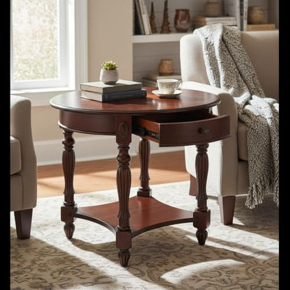 Solid Wood End Table with Drawer, Oval Sofa Side Table, Storage Shelf, Living Room Corner Table, Nightstand, 24”H Cherry Walnut CJZ1533WD-DR
