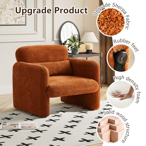 33.86" Accent Chairs, Modern Velvet Fabric Arm Chair Comfy Upholstered Armchair Leisure Single Sofa Chair with a Waist Pillow for Bedroom, Office and Living Room (Orange, 33.9")