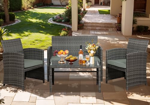 4 Piece Outdoor Patio Furniture Set, Outdoor Wicker Rattan Chairs Conversation Sets with Cushions & Coffee Table for Outside, Garden, Balcony, Porch, Grey