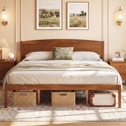 King Size Wooden Bed Frame with Curved Headboard, Wood Slat Support, view 2