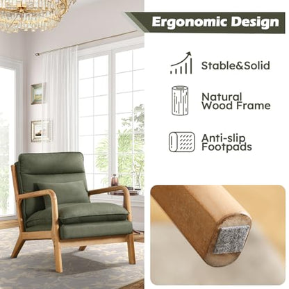 Mid Century Modern Accent Chair, Upholstered Lounge Armchair with Plump Back Pillow, Comfy Reading Chair with Solid Wood Frame for Bedroom Living Room, Green