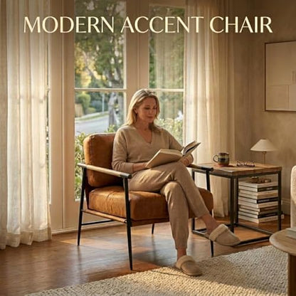 Mid-Century Accent Chair, Soft Armchair PU Leather Lounge Chair with Black Metal Legs, Upholstered Leisure Chair for Living Room Bedroom Reception Room, 1PC, Brown