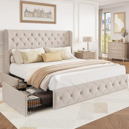 King Size Bed Frame with Storage Drawers and Wingback Headboard Linen, view 2