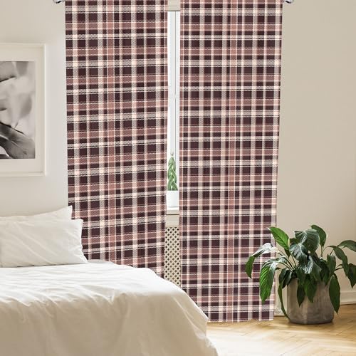 Vintage Curtains, Gingham Style Checkered Lines Popular Culture Fashion Featured Pattern Image, Window Treatments 2 Panel Set for Living Room Bedroom, Pair of - 28" x 84", Brown Camel