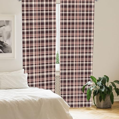 Vintage Curtains, Gingham Style Checkered Lines Popular Culture Fashion Featured Pattern Image, Window Treatments 2 Panel Set for Living Room Bedroom, Pair of - 28" x 84", Brown Camel