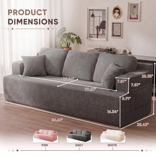 87” Boneless Sofa Couch with 2 Pillows Extra Deep Seats, Corduroy Fabric 3 Seater Sofa for Living Room with Cup Holder & Storage Pocket Upholstered Floor Sofa Easy Installation (Grey, 3 Seater)