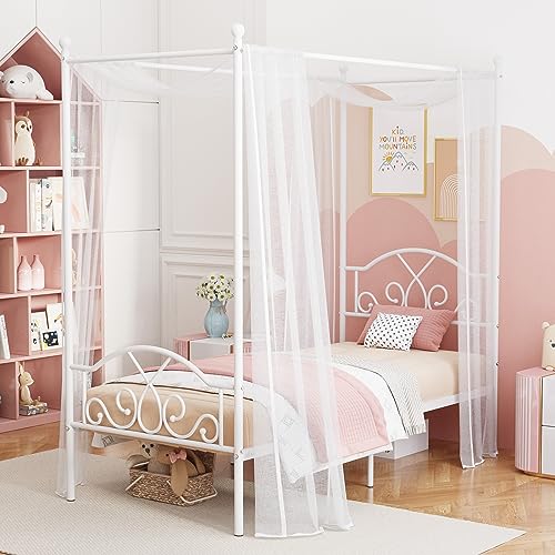 Twin Princess Canopy Bed Frame with 4 Posters, Twin Size Bed for Kids Girls, view 3