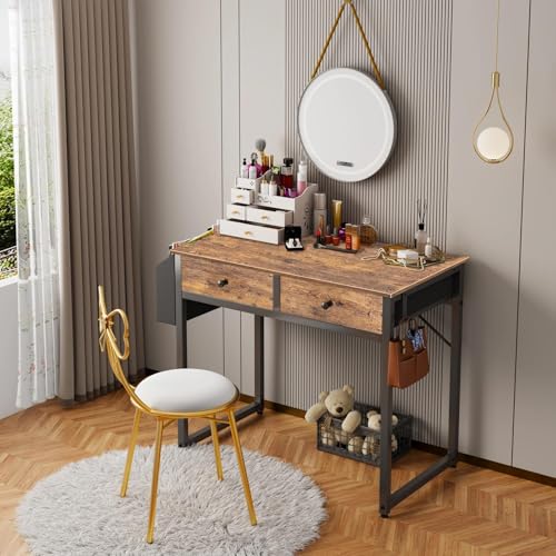 Small Computer Desk with 2 Drawers for Bedroom, 31 Inch Home Office Desk with Storage Fabric Drawer and Bag, Study Writing Table for Small Spaces, Rustic Brown