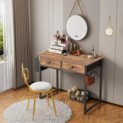 Small Computer Desk with 2 Drawers for Bedroom, 31 Inch Home Office Desk with Storage Fabric Drawer and Bag, Study Writing Table for Small Spaces, Rustic Brown