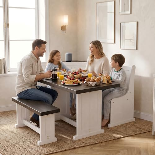 Corner Breakfast Nook Dining Set with Storage, L-Shape Kitchen Table with 2 AC Outlets, Space-Saving Bench Seats 5, Scratch & Heat Resistant