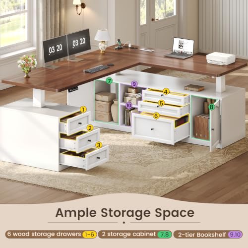 Farmhouse L Shaped Executive Electric Standing Desk with 6 Drawers, view 5