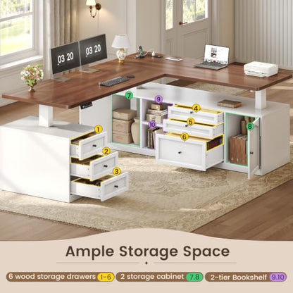 Farmhouse L Shaped Executive Electric Standing Desk with 6 Drawers, view 5