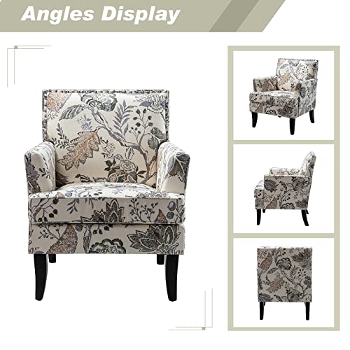 Modern Accent Chair, Printed Armchair, Orange Grey | Solid Wood Legs & Padded Cushion, Classic Rivet Decoration Design, Upholstered Floral Arm Chair for Living Room Bedroom