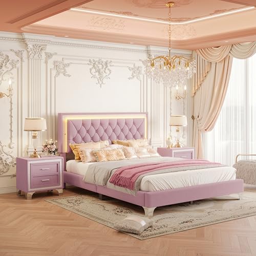 Bedroom Sets, 3-Pieces Bedroom Sets, Queen Size Upholstered Platform Bed with LED Lights and 2 Nightstands, Pink