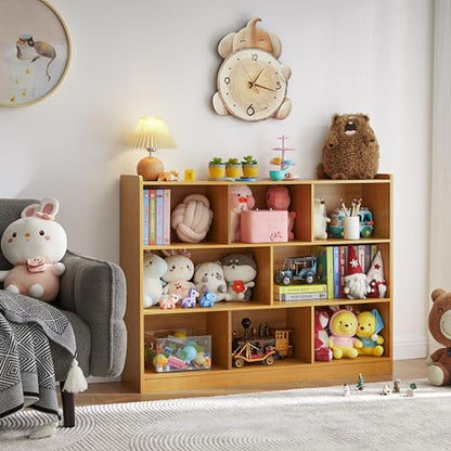 3-Tier Bookshelf, 8-Section Wooden Bookcase, Storage Organizer with Anti-Tilt Device, Modern Storage Display Cabinet for Living Room, Classroom, Kid’s Room (Natural), FJHL-011YE