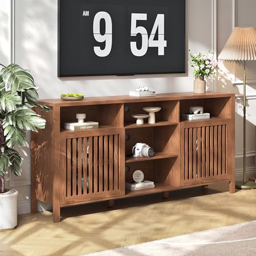 Farmhouse Brown TV Stand with Grille Doors, 5 Open Storage Compartments, view 4