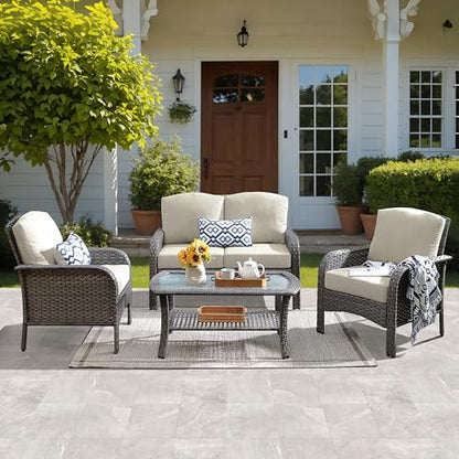 4-Piece Patio Furniture Set, Outdoor Wicker Sofa with Chairs Coffee Table, High Back Rattan Couch Loveseat with Comfy Cushions for Porch Yard Deck, Beige