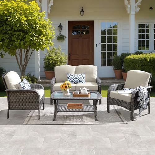4-Piece Patio Furniture Set, Outdoor Wicker Sofa with Chairs Coffee Table, High Back Rattan Couch Loveseat with Comfy Cushions for Porch Yard Deck, Beige