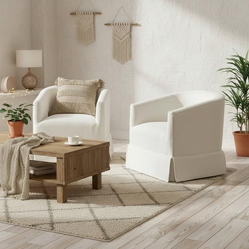 Swivel Accent Chair for Living Room, 360° Upholstered Barrel Swivel Chairs with Skirted Base, Modern Linen Armchairs for Bedroom, Reading Nook, Small Space, White