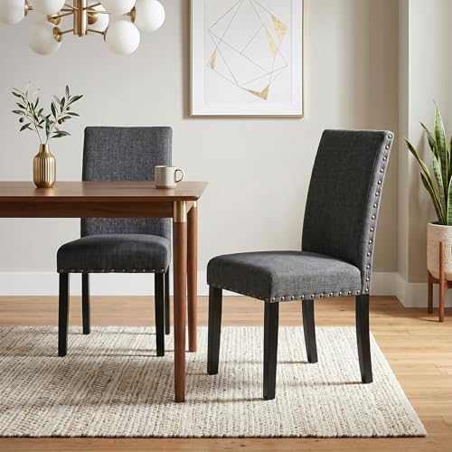 Biony Gray Fabric Dining Chairs with Nailhead Trim, Pack of 2