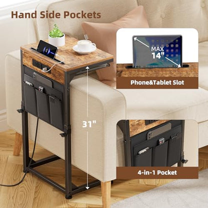 Side Table, C Shaped End Table with Charging Station, Couch Table with Storage Bag, Adjustable Height, Rustic Brown