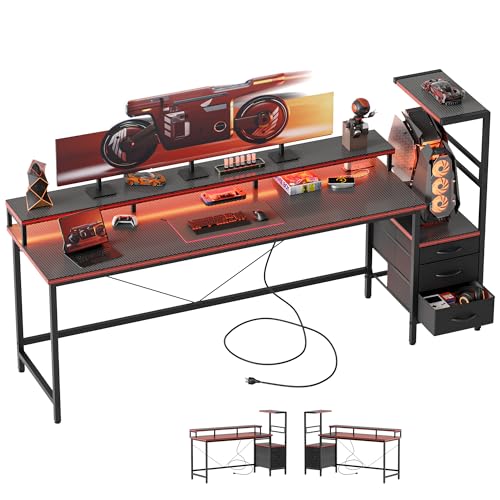68 inch Gaming Desk with LED Lights & Power Outlets, Reversible Computer Desk with Storage Drawers & Monitor Stand, Large Gaming Table for Home Office