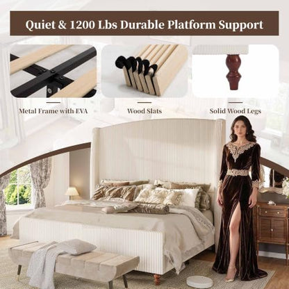 Queen Size Upholstered Platform Bed Frame with 66" Tall Headboard, Cream, view 7