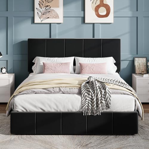 Queen Size Bed Frame, Velvet Upholstered Platform Bed, Black, view 2
