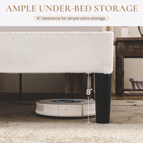 Soft Teddy Fabric Bed Frame Queen Size, Curved Headboard, White, view 7