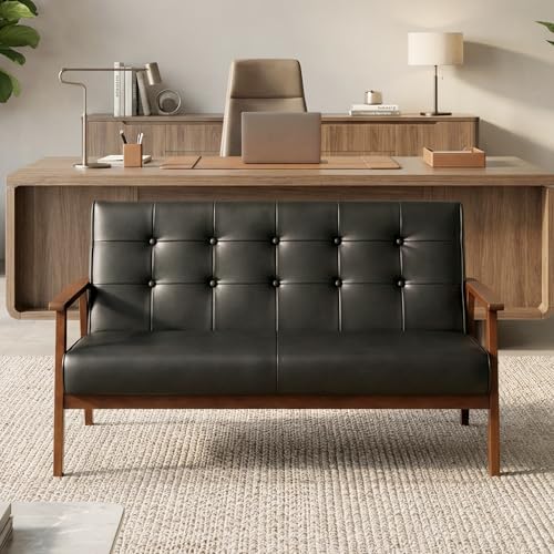 Mid-Century Modern Solid Loveseat Sofa Upholstered Faux Leather Couch 2-Seat Wood Armchair Living Room/Outdoor Lounge Chair, Waiting Room Sofa, 50”W