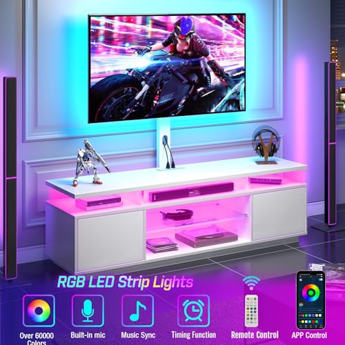 TV Stand with Mount and Power Outlet 59.1", Swivel TV Stand Mount for 32/45/55/60/65/70 inch TVs, Height Adjustable Modern Entertainment Center with Storage & LED Lights, TV Table White