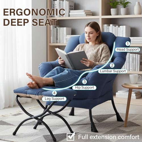 Lazy Chair with Ottoman, Modern Accent Chair with Armrests and a Side Pocket, Leisure Sofa Armchair, Reading Armchair with Footrest for Small Space, Royal Blue