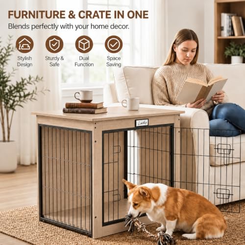 28-Inch Dog Crate Furniture for Small Dogs, Wooden Indoor Kennel, Oak, view 3