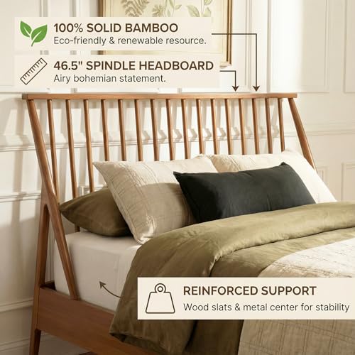 Queen Size Solid Bamboo Wood Spindle Platform Bed with 46.5" Tall Headboard, view 7