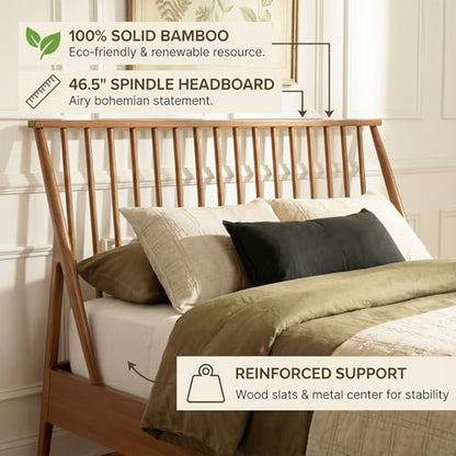 Queen Size Solid Bamboo Wood Spindle Platform Bed with 46.5" Tall Headboard, view 7