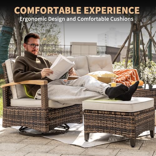 7 Pieces Patio Furniture Sets, PE Wicker Outdoor Conversation Sets with 2 Wood Armrests Swivel Rocker Chairs, 2 Ottomans,3-seat Sofa and Dining Table (Beige)