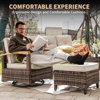 7 Pieces Patio Furniture Sets,PE Wicker Outdoor Furniture Conversation Sets with 2 Wood Armrests Swivel Rocker Chairs, 2 Ottoman, 3-seat Sofa and Coffee Table(Beige)