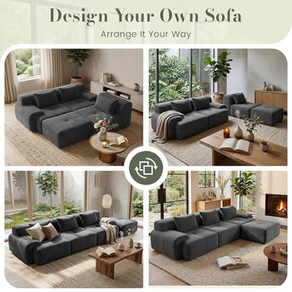 118'' Modular Sectional Oversized Boneless Couch, Tufted Cloud Sectional Couches for Living Room, L Shape Deep Seat Sofa with Ottoman & 3 Throw Pillows,Corduroy Couch,Dark Grey